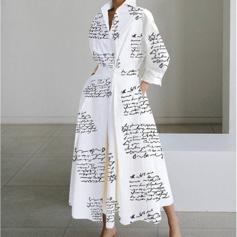 SOFER maxi dress with front wrap collar, long sleeves, white with black script pattern