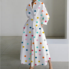 SOFER maxi dress with front wrap collar, long sleeves, white with multicolor polka dots