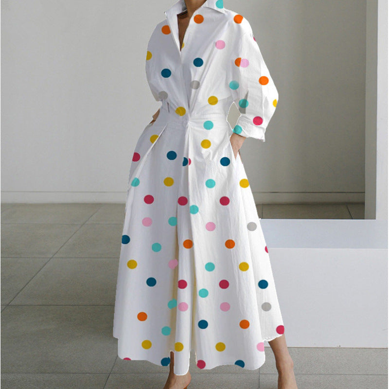SOFER maxi dress with front wrap collar, long sleeves, white with multicolor polka dots