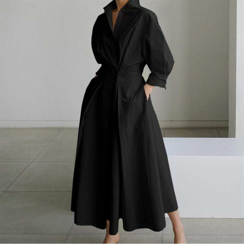 SOFER maxi dress with front wrap collar, long sleeves, solid black