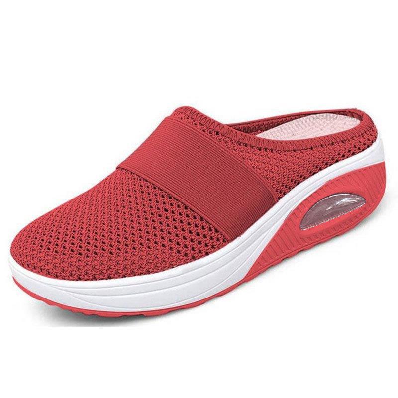 Breathable orthopaedic slip-on mules, red knit upper with wide strap, cushioned air sole