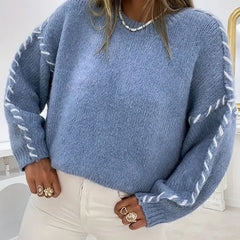 Round-neck long-sleeve sweater in periwinkle blue with contrast stitched sleeve trim