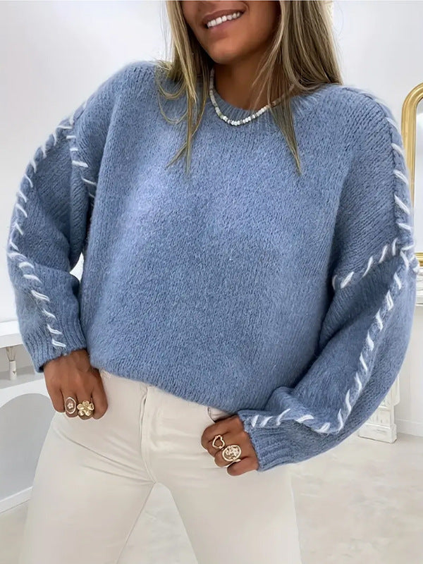 Round-neck long-sleeve sweater in periwinkle blue with contrast stitched sleeve trim