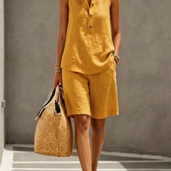 Yellow sleeveless henley top and matching shorts two-piece set
