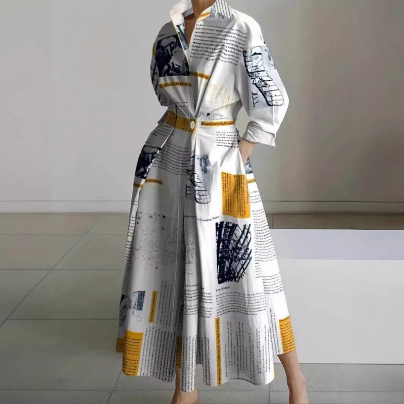 SOFER maxi dress with front wrap collar, long sleeves, abstract print in dark and yellow accents