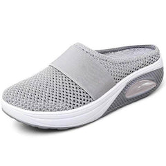 Breathable orthopaedic slip-on mules, light grey knit upper with wide strap, cushioned air sole