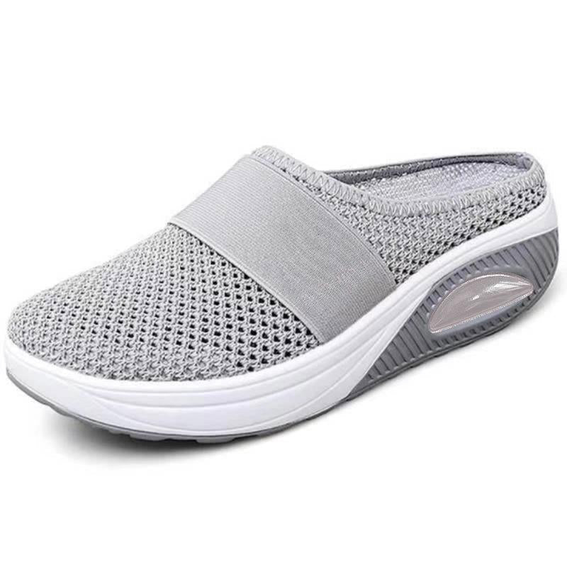 Breathable orthopaedic slip-on mules, light grey knit upper with wide strap, cushioned air sole