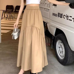 Modern casual long skirt, light khaki tiered midi with elastic waistband