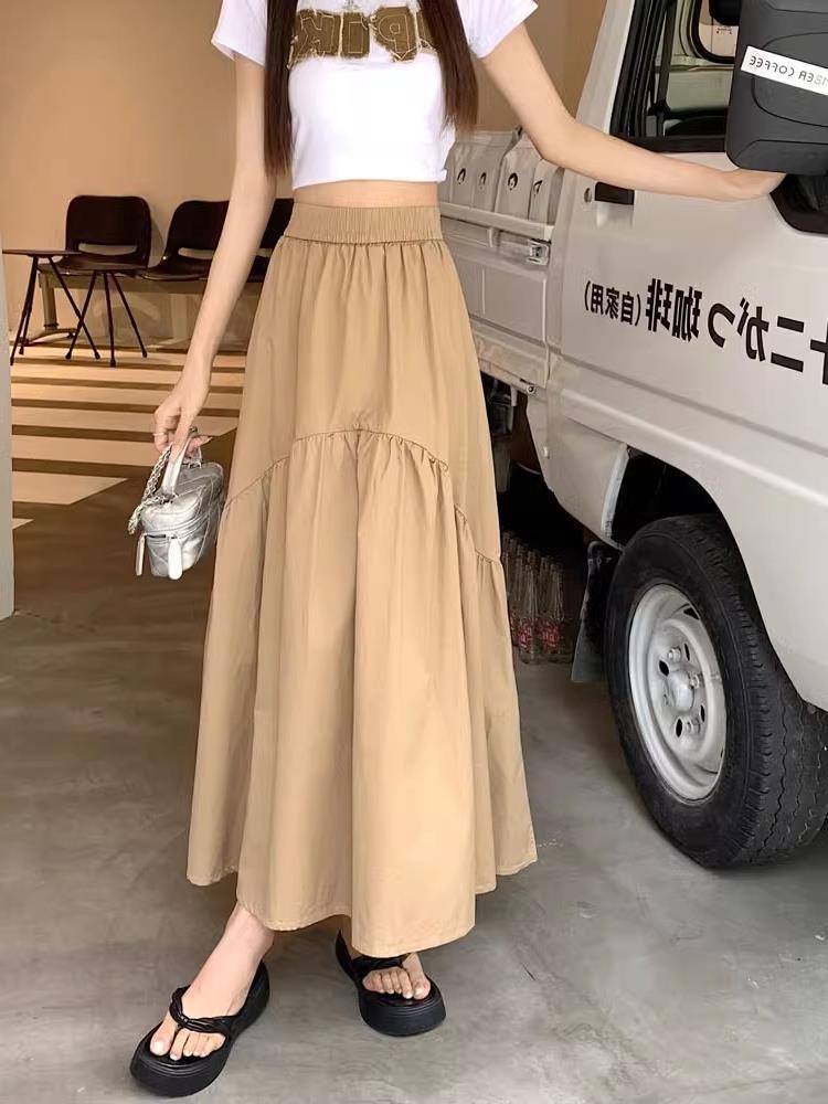 Modern casual long skirt, light khaki tiered midi with elastic waistband