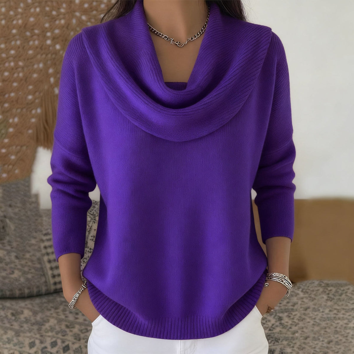 Purple cowl-neck sweater with long sleeves and ribbed hem and cuffs.