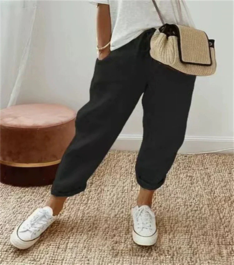Emma breathable casual trousers, black ankle-length with cuffed hem