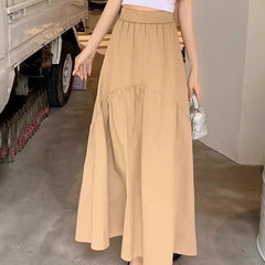 Modern casual long skirt, sand beige tiered midi with elastic waistband