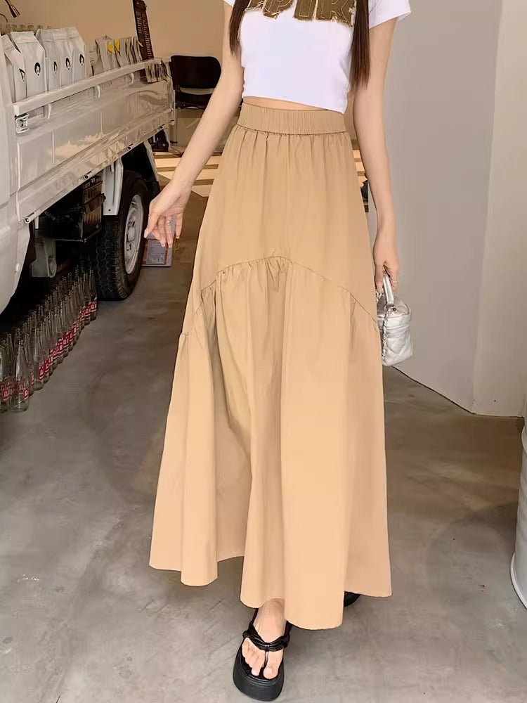 Modern casual long skirt, sand beige tiered midi with elastic waistband