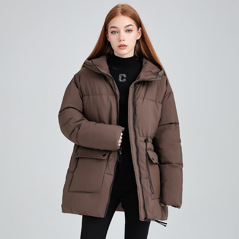 Brown zip-up hooded puffer jacket with front pockets and padded shoulders.