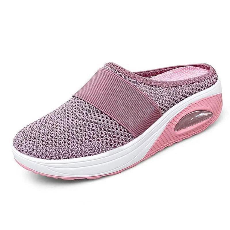 Breathable orthopaedic slip-on mules, mauve knit upper with wide strap, cushioned air sole