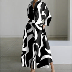 SOFER maxi dress with front wrap collar, long sleeves, black and white abstract swirl print