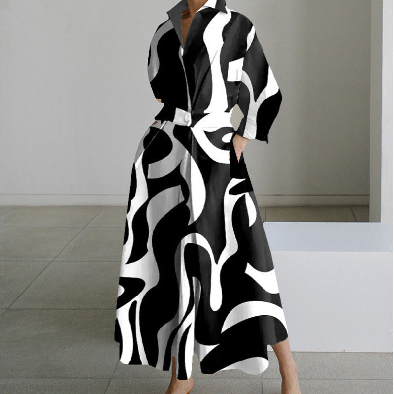 SOFER maxi dress with front wrap collar, long sleeves, black and white abstract swirl print