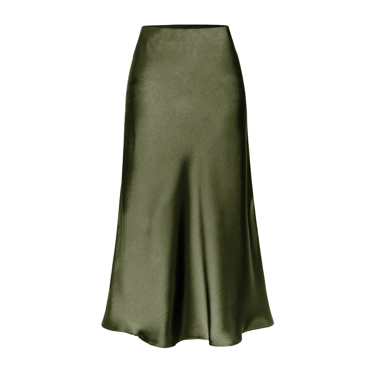 High-waist midi skirt in olive green satin with a side slit