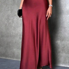 Satin high-waist skirt, deep burgundy with flowing A-line hem and ankle length
