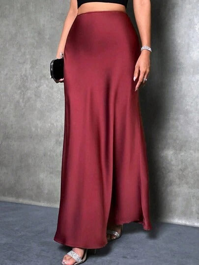 Satin high-waist skirt, deep burgundy with flowing A-line hem and ankle length