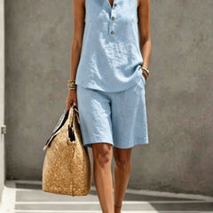 Light blue sleeveless henley top and matching shorts two-piece set