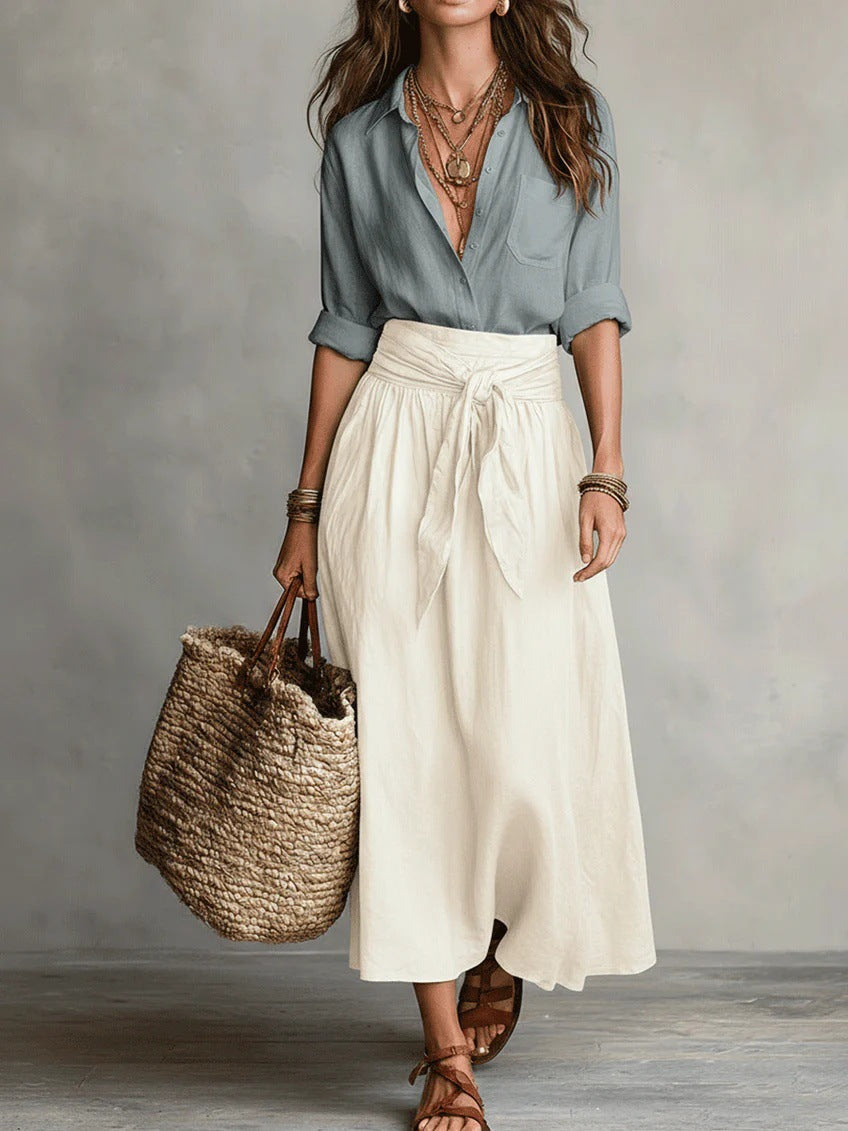 Blue blouse top and cream midi skirt two-piece set, front view