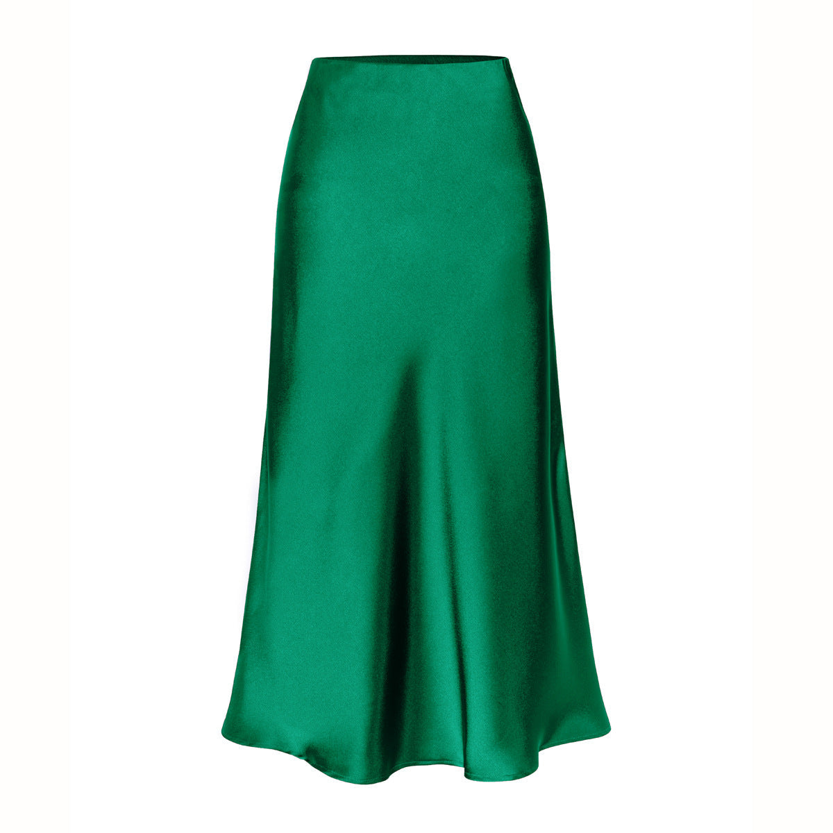Dark green high-waist side-slit midi skirt with smooth satin finish