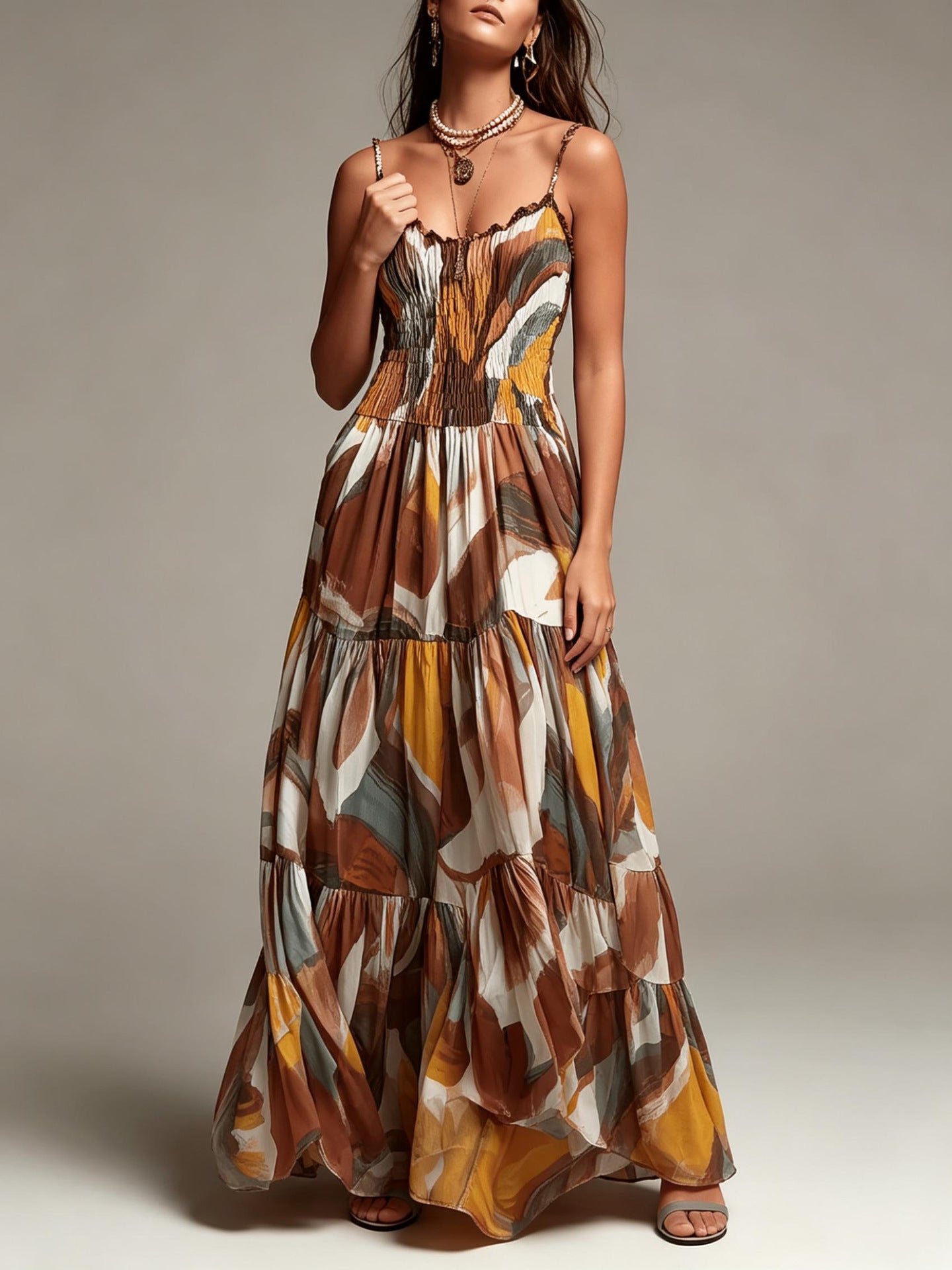 Smocked tiered maxi dress with abstract print, thin straps, and gathered ruffle hem