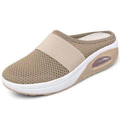 Breathable orthopaedic slip-on mules, beige knit upper with wide strap, cushioned air sole