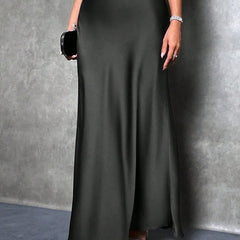 Satin high-waist skirt, black with flowing A-line hem and ankle length
