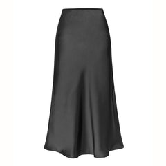 Black high-waist side-slit midi skirt with smooth satin finish