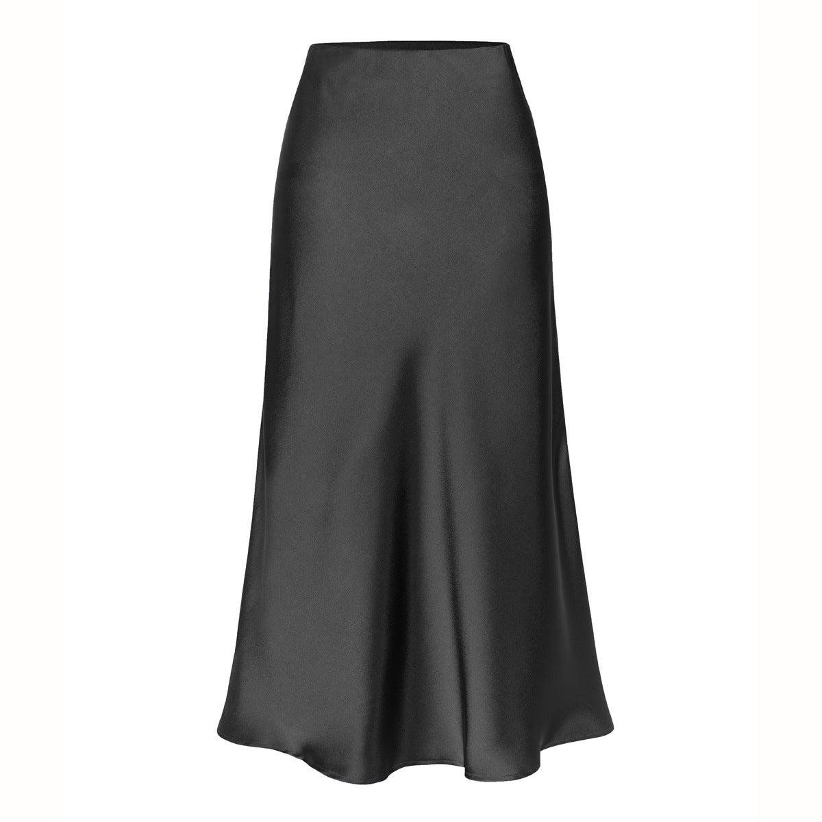 Black high-waist side-slit midi skirt with smooth satin finish