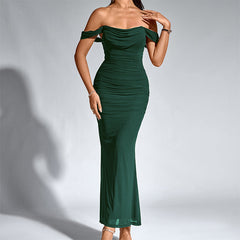 Dark green off-shoulder ruched mermaid-style evening dress with draped neckline