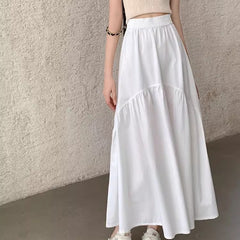 Modern casual long skirt, white tiered midi with elastic waistband
