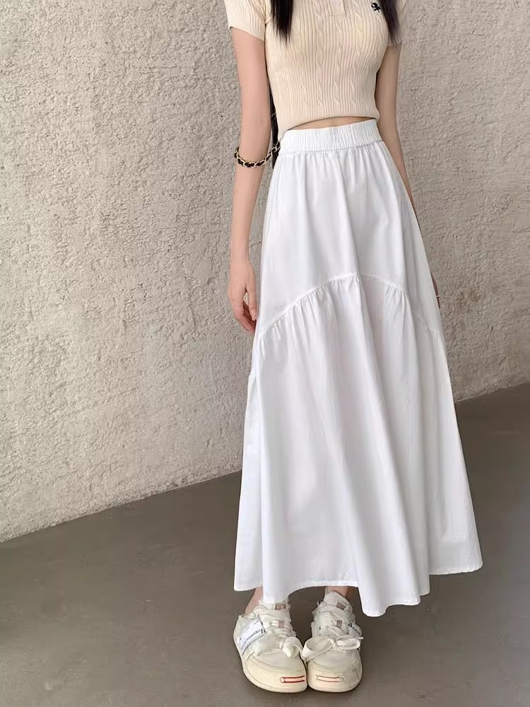 Modern casual long skirt, white tiered midi with elastic waistband