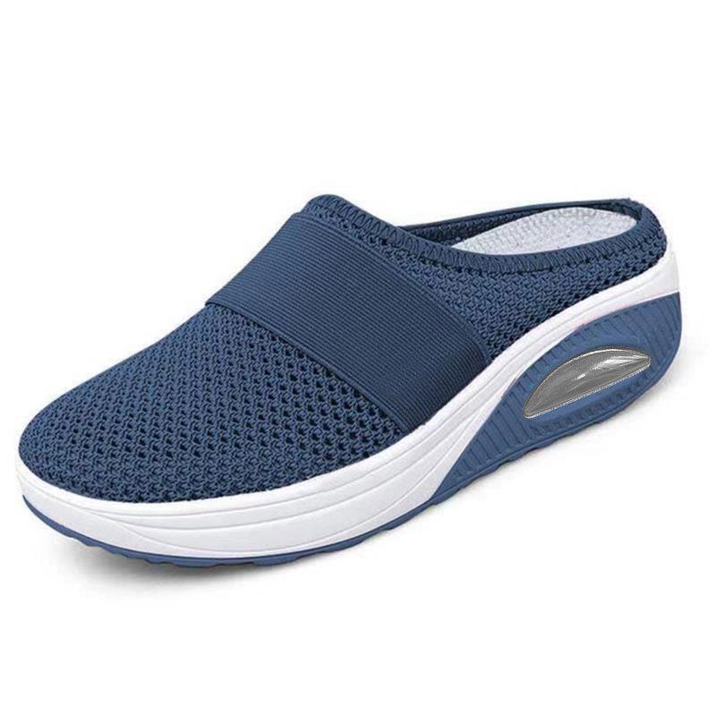 Breathable orthopaedic slip-on mules, navy knit upper with wide strap, cushioned sole
