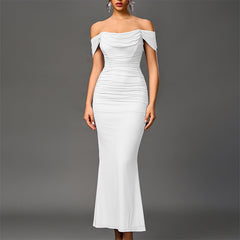White off-shoulder ruched mermaid-style evening dress with draped neckline