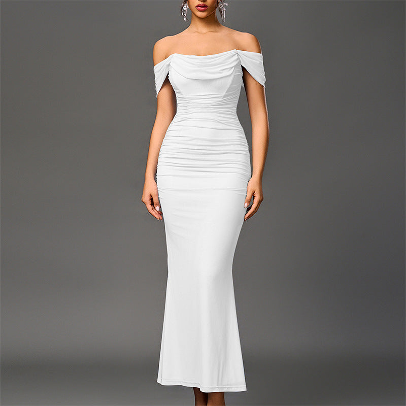 White off-shoulder ruched mermaid-style evening dress with draped neckline