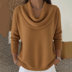Brown cowl-neck sweater with long sleeves and ribbed hem and cuffs.