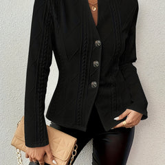 Black textured blazer with notch lapels, long sleeves, and three-button front