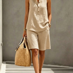 Khaki sleeveless henley top and matching shorts two-piece set