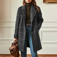 Classic check coat in gray with white grid plaid, button-front, long sleeves