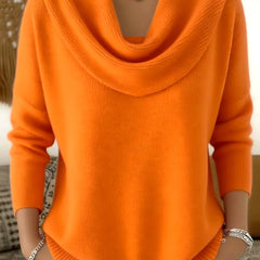 Orange cowl-neck sweater with long sleeves and ribbed hem and cuffs.