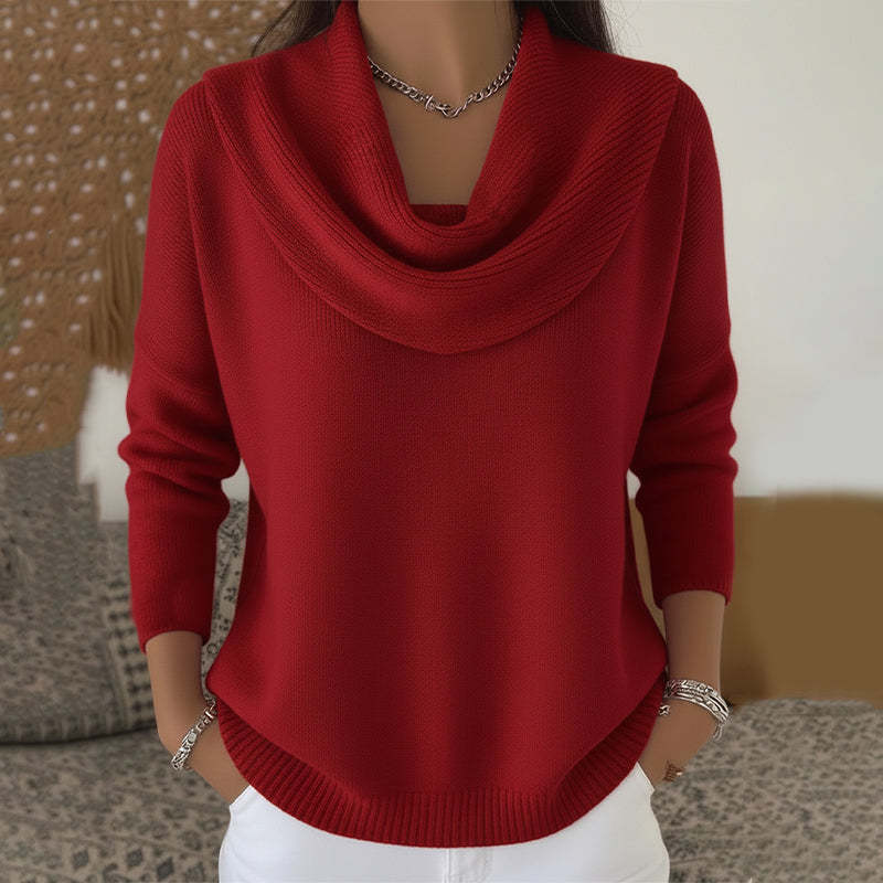 Red cowl-neck sweater with long sleeves and ribbed hem and cuffs.