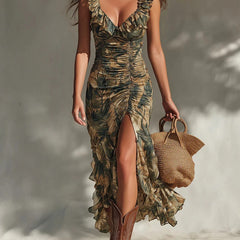 Palm print ruffle ruched maxi dress with front slit and tiered ruffle hem