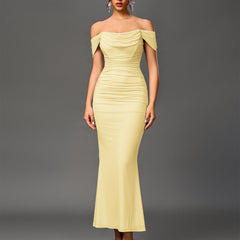 Off-shoulder backless mermaid dress in pale yellow, gathered bardot neckline and long skirt