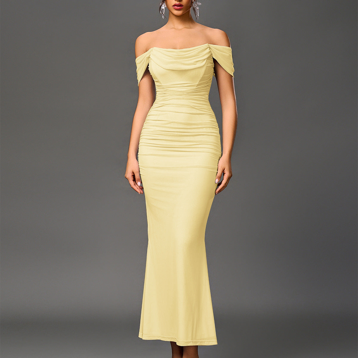 Off-shoulder backless mermaid dress in pale yellow, gathered bardot neckline and long skirt