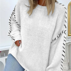 Round-neck long-sleeve sweater in off-white with contrast stitched sleeve trim
