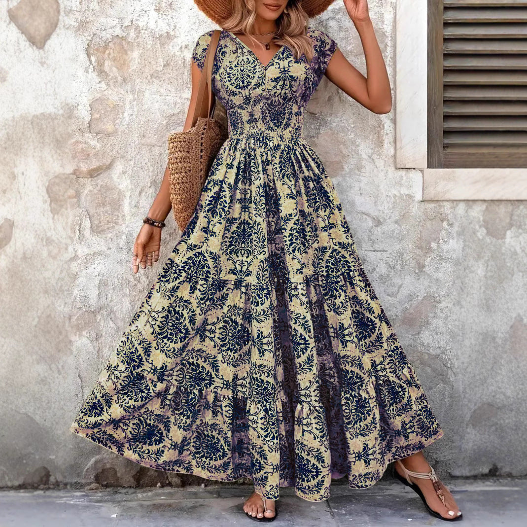 Blue and purple V-neck shirred boho maxi dress with short sleeves and floral print