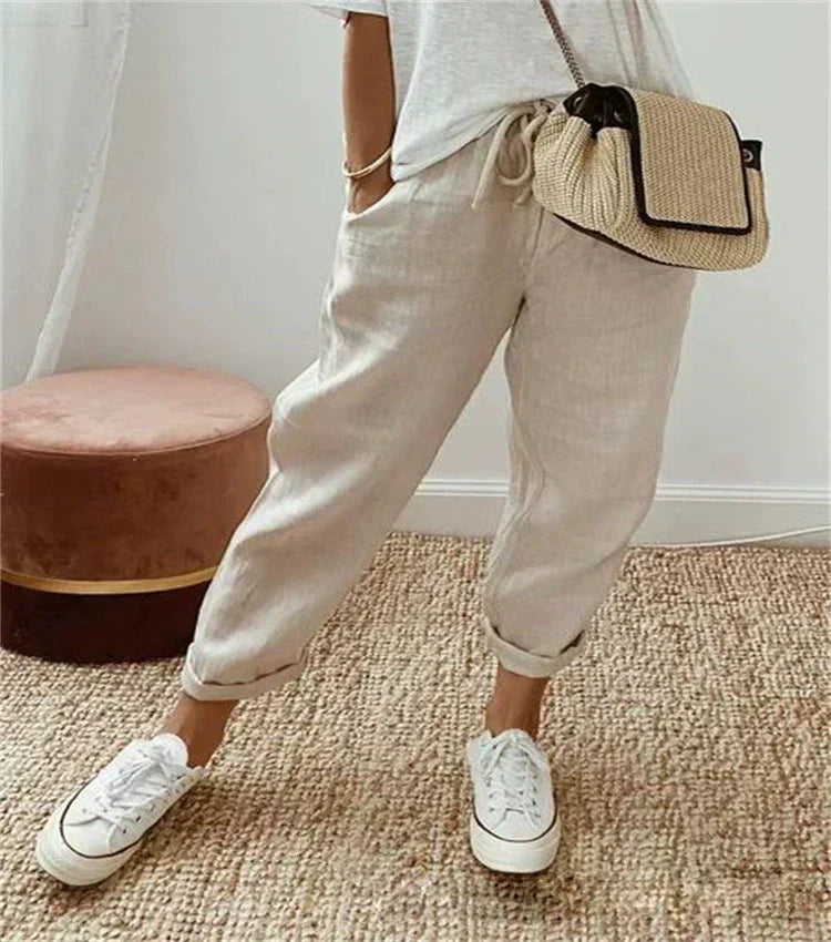 ABIGAIL breathable beige casual trousers with drawstring waist and cuffed hems